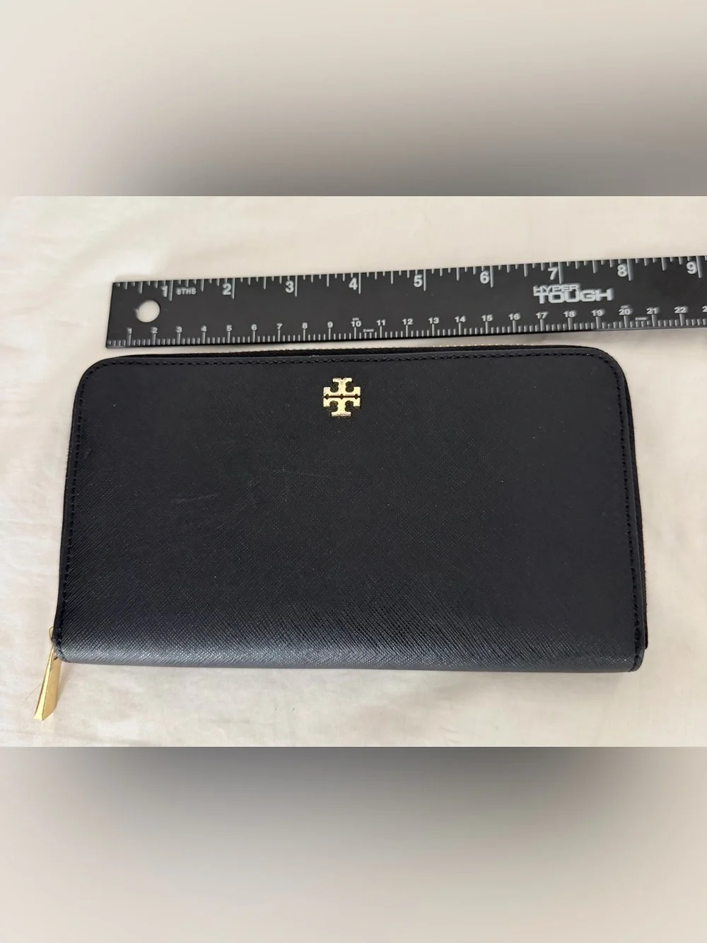 Tory Burch Black Saffiano Zip Wallet with Gold Logo